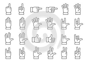 Hands vector line icons set. Hand gestures, signals. Editable stroke