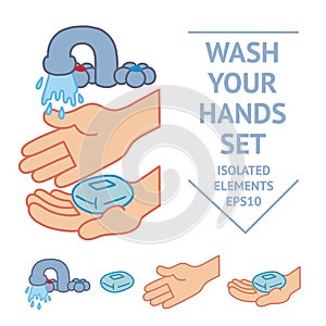 Hands washing color vector healthy covid illustration elements set. Wash your hands, hand drawn. Beige, blue and red