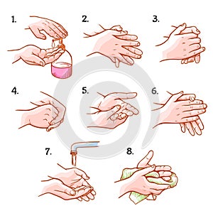 Hands washing medical instructions set, sanitary procedure