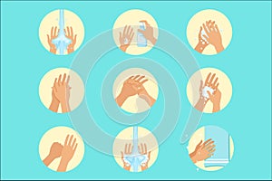 Hands Washing Sequence Instruction, Infographic Hygiene Poster For Proper Hand Wash Procedures