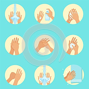 Hands Washing Sequence Instruction, Infographic Hygiene Poster For Proper Hand Wash Procedures