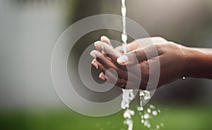 Hands, water splash and sustainability with hygiene for environment, health and eco friendly on cleanness. Ecology