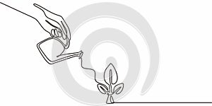 Hands watering plant one line. Environmental nurturing vector. Green care. Eco art photo
