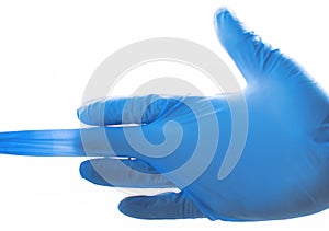 Hands wearing blue medical latex gloves Protection against flu, virus and coronavirus. Health care and surgical concept. Correct