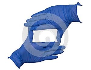Hands wearing blue nitrile examination gloves, making a square or rectangle frame between thumb and index finger with fingers clos