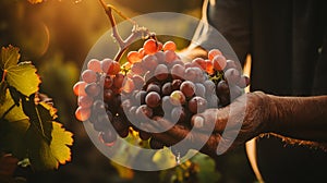 Hands of a Weathered Vintner Inspects His Wine Grape Harvest in the Vineyard. Generative AI