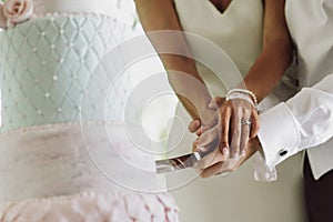 hands of a wedding couple cutting a cake at their wedding