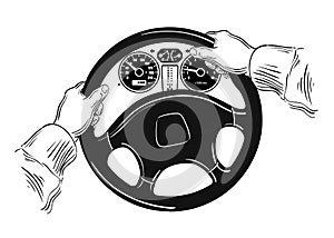 Hands on the wheel. vector illustration