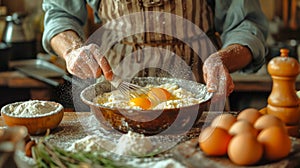 Hands whisking eggs with flour in a rustic kitchen setting. Concept of homemade cooking, baking ingredients preparation