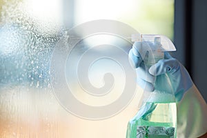 Hands, window and cleaning bacteria spray for surface disinfection, home hygiene and chemical cleaner. Housekeeping