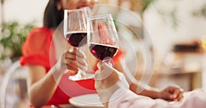 Hands, wine and people with toast for celebration on Valentines day, love and romantic date in relationship. Connection