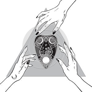 Hands of witches reaching out to the ouija planchette