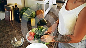 Hands, woman and cutting vegetables for healthy lunch, kitchen and diet for weight loss, food and home. Female person