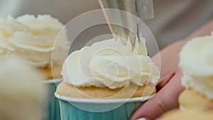 Hands of a woman decorating birthday cake with whipped cream at the kitchen