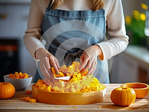 hands of woman dicing pumpkin for cooking