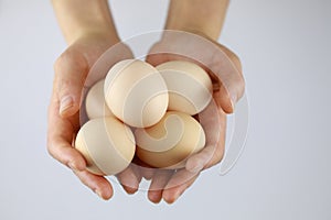 Hands of a woman holding fresh hen eggs