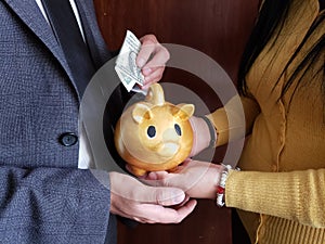 hands of woman holding a piggy bank of a golden pig and hand of man saving an american dollar bill