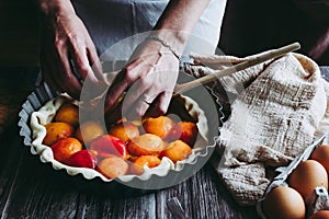 Hands of a woman preparing an apricot pie