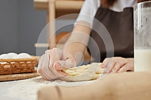 Hands of woman professional baker kneading dough for baking whole grain pastry or bread in bakery workspace