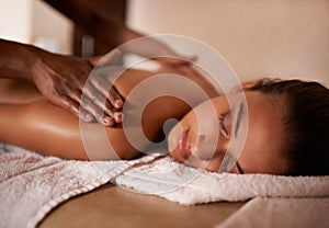 Hands, woman and sleep at spa for massage, wellness and skin care for back, chiropractic therapy or peace. Female person