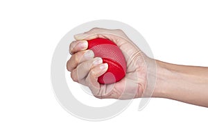 Hands of a woman squeezing a red stress ball