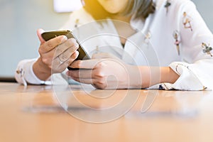 Hands woman using mobile phone,social media,relaxed girl checking cell phone