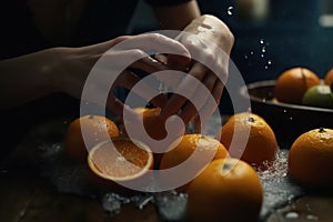 Hands of woman washing ripe orange under faucet in the sink kitchen. made with generative AI