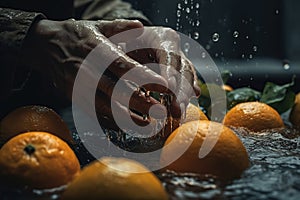 Hands of woman washing ripe orange under faucet in the sink kitchen. made with generative AI