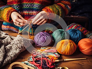 hands of the woman who knits woolen threads