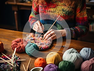 hands of the woman who knits woolen threads