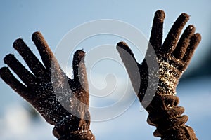 Hands with woolen gloves