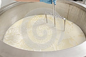 Hands work on cheese production