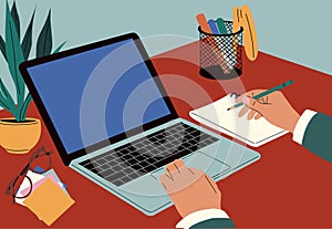 Hands work at laptop, Using computer at desk