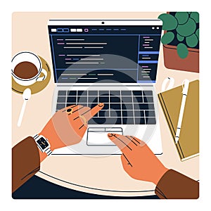 Hands work online at laptop computer at desk. Programmer, coder at workplace, table. Software engineer developing