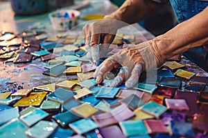 Hands working on colorful mosaic tiles, showing art and craftsmanship