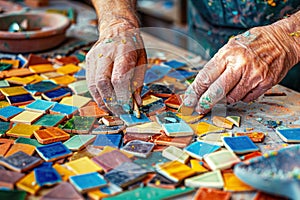 Hands working on colorful mosaic tiles, showing art and craftsmanship