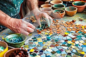 Hands working on colorful mosaic tiles, showing art and craftsmanship