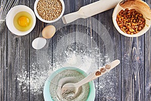 Hands working with dough preparation recipe bread, pizza or pie making ingridients, food flat lay on kitchen table background