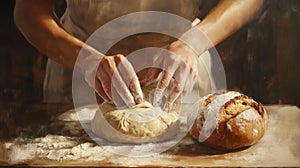 Hands working dough in a warm bakery setting
