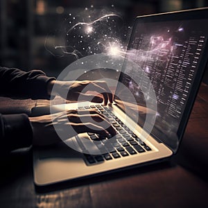 Hands working on laptop, AI generated