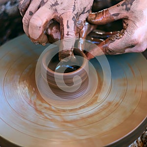 Hands working on pottery wheel