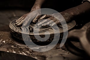 Hands working on pottery wheel