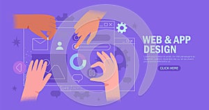 Hands working on website or application, ui ux design and programming. Team of designers doing research and prototyping