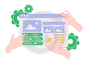 Hands are working on website or application, ui ux design and programming. Team of designers doing research and prototyping. Web