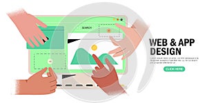 Hands working on website or application, ui ux design and programming. Team of designers doing research and prototyping