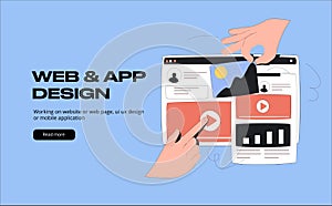 Hands are working on website or web page, ui ux design or mobile application redesign. Studio or agency prototyping