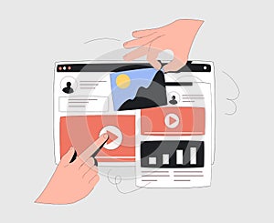 Hands are working on website or web page, ui ux design or mobile application redesign. Studio or agency prototyping.