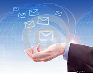 Hands with world mail delivery