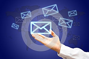 Hands with world mail delivery on map