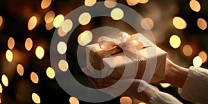 Hands wrapping a ribbon on a gift box in front of a christmas tree with warm lights